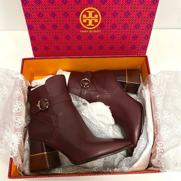 Tory Burch Multi Logo Buckle Boot Ankle Booties Square Toe Claret Burgundy 10 - Picture 7 of 14